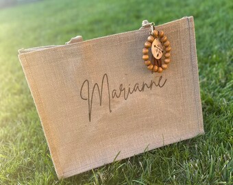 Burlap jute tote bag laser engraved