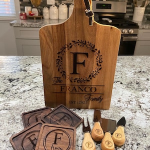 Personalized family name monogram cutting board/ cheese knives/ coasters / wedding/ housewarming/ realtor basket