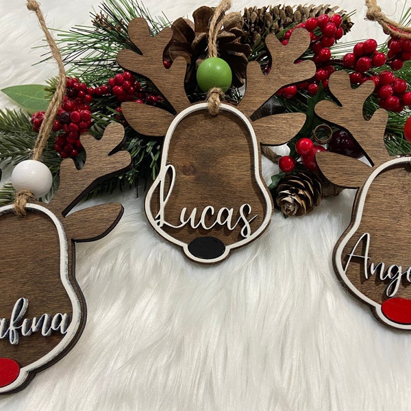 Handmade laser cut stained personalized reindeer /stocking Christmas ornaments/garland/ tiered tray decor/ gift tag/ stocking tag