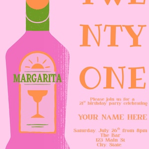 Editable 21st Birthday Invitation – Margarita Theme Digital Party Invite – Pink & Orange Template