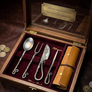 May include: A vintage-style cutlery set presented in a wooden box with a glass lid. The set includes a spoon, fork, knife, and a small knife, all with twisted handles. The box is lined with red velvet. The text on the box reads "Heirloom Quality Premium Collector's Set."