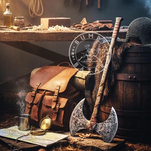 May include: A rustic workshop scene featuring a double-bladed axe with a wooden handle, a leather backpack, and a map with a compass. A metal mug sits near the map. A chainmail helmet rests on a wooden barrel. The scene is illuminated by sunlight.
