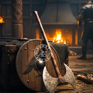May include: A double-bladed axe with a wooden handle and leather wrapping rests against a wooden shield. The shield is round with metal studs. The scene is set in a dimly lit room with a fireplace and a person in the background.