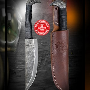 Hand Forged Viking Knife Raven Hilt head , 10.5" Carbon Steel Blade, Leather Sheath