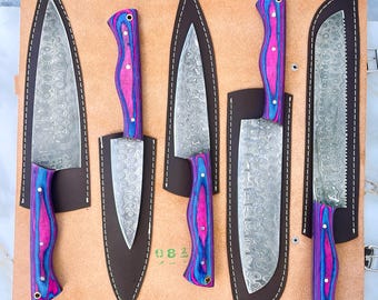 Handmade Anti rust Damascus Steel Chef Knife Set - Blue and Pink Handle