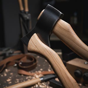 May include: Two axes with black heads and light brown wooden handles are displayed. The axes are positioned at an angle, with one slightly overlapping the other. The background includes woodworking tools and a work surface, suggesting a craft or outdoor theme.