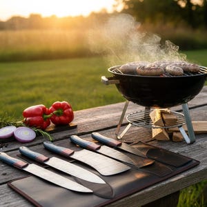 May include: A backyard barbecue scene featuring a small black grill with sausages cooking over a wood fire. A set of knives with wooden handles and a leather sheath are displayed on a wooden table, along with red bell peppers, sliced red onions, and herbs.
