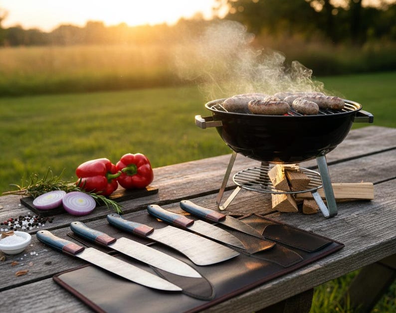 May include: A backyard barbecue scene featuring a small black grill with sausages cooking over a wood fire. A set of knives with wooden handles and a leather sheath are displayed on a wooden table, along with red bell peppers, sliced red onions, and herbs.