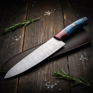May include: A Damascus steel chef's knife with a patterned blade and a handle featuring blue, red, and gold accents. The knife rests in a brown leather sheath on a dark wooden surface, with rosemary sprigs and salt flakes scattered around.
