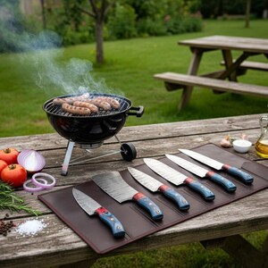 May include: A black charcoal grill with sausages cooking, set on a wooden table with a selection of knives with blue handles. Fresh tomatoes, onions, and herbs are also on the table, suggesting a barbecue theme.