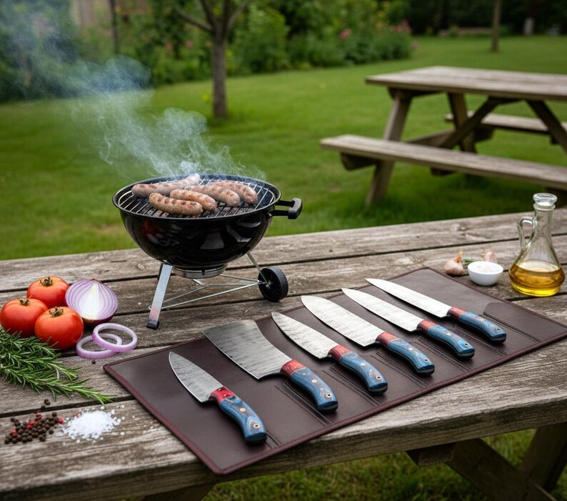 May include: A black charcoal grill with sausages cooking, set on a wooden table with a selection of knives with blue handles. Fresh tomatoes, onions, and herbs are also on the table, suggesting a barbecue theme.