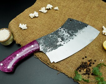 Hand Forged Cleaver Knife – 13" Hammered Blade, Purple Handle