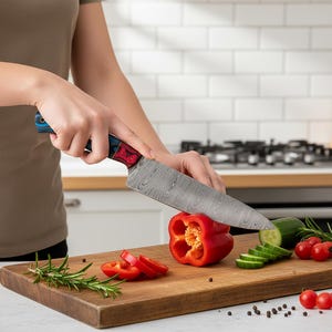 May include: A chef's knife with a patterned blade and a red and blue handle is slicing a red bell pepper on a wooden cutting board. Sliced cucumbers, tomatoes, and rosemary sprigs are also on the board. The kitchen has white tile.