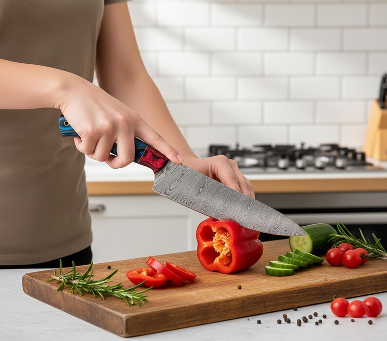 May include: A chef's knife with a patterned blade and a red and blue handle is slicing a red bell pepper on a wooden cutting board. Sliced cucumbers, tomatoes, and rosemary sprigs are also on the board. The kitchen has white tile.