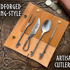 Hand-Forged Carbon Steel Viking Cutlery Set with Leather Roll – Medieval Bushcraft Utensils -BUMPY BAZAR