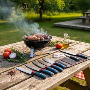 May include: A barbecue scene with a small black grill, sausages, and a set of knives with blue and red handles. Fresh tomatoes, onion, and rosemary are on a wooden picnic table. A bottle of oil and a red apple are also present.