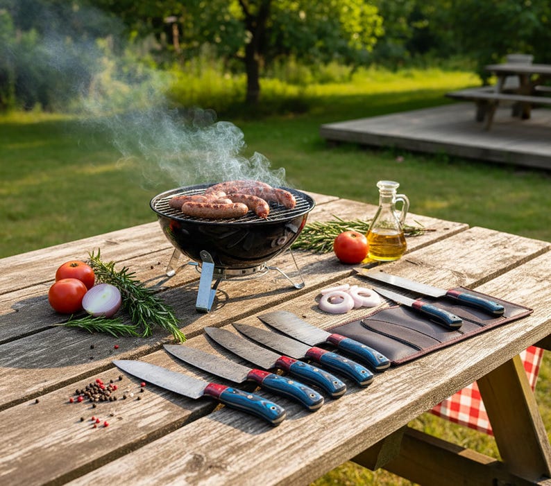 May include: A barbecue scene with a small black grill, sausages, and a set of knives with blue and red handles. Fresh tomatoes, onion, and rosemary are on a wooden picnic table. A bottle of oil and a red apple are also present.
