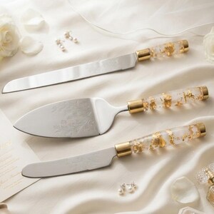 Wedding Cake Knife Server Set Gold Leaf Crystal Resin , Engraved Stainless Steel (Wooden Box)