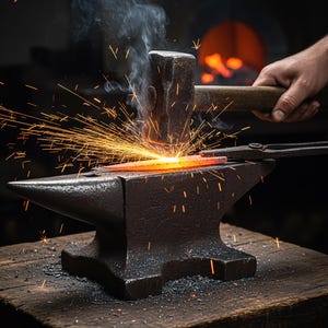 May include: A blacksmith forges metal on an anvil. Sparks fly as a hammer strikes a glowing red-hot metal bar held with tongs. Smoke rises from the heated metal. The anvil sits on a wooden surface.