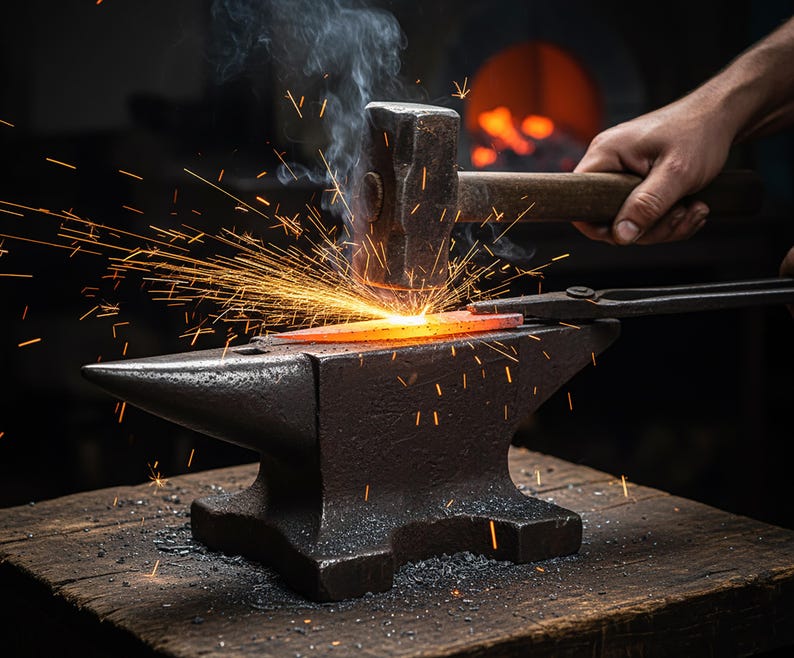 May include: A blacksmith forges metal on an anvil. Sparks fly as a hammer strikes a glowing red-hot metal bar held with tongs. Smoke rises from the heated metal. The anvil sits on a wooden surface.