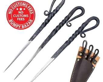 Hand Forged Twisted Metal Spikes with Custom Leather Sheath | Blacksmith Grill Tool Set