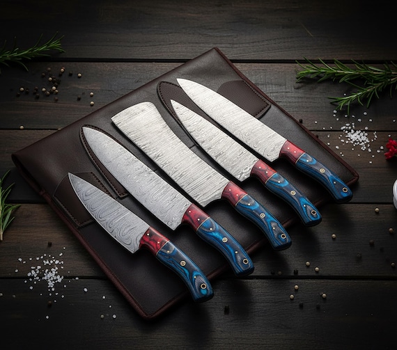 Damascus Steel Utility Set 5PC, Multi-Purpose Kitchen Knives, Personalisation Gift for Mom Chef