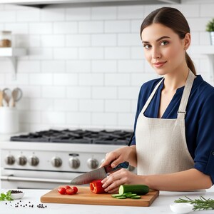 May include: A woman in a blue shirt and beige apron is cutting vegetables on a wooden cutting board in a kitchen. Red bell pepper, tomatoes, and cucumber slices are visible. A stainless steel knife is in use.