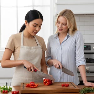May include: Two people in a kitchen preparing food. One person is wearing a tan apron and cutting a red bell pepper with a large knife on a wooden cutting board. Sliced red bell peppers and cherry tomatoes are also on the board.