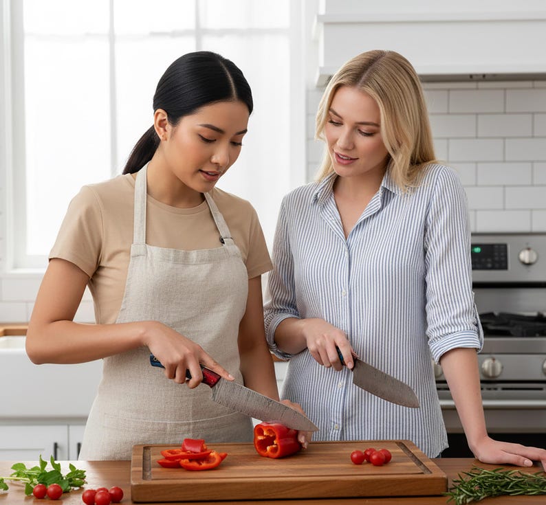 May include: Two people in a kitchen preparing food. One person is wearing a tan apron and cutting a red bell pepper with a large knife on a wooden cutting board. Sliced red bell peppers and cherry tomatoes are also on the board.