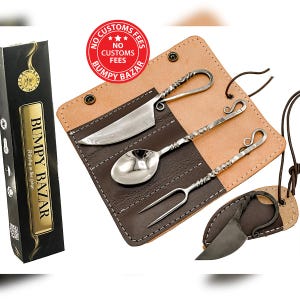 Hand Forged Viking Cutlery Set: Stainless Steel Medieval Dinnerware with Leather Bag