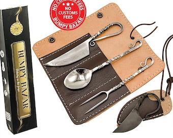 Hand Forged Viking Cutlery Set - Stainless Steel Medieval Dinnerware with Leather Bag