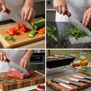 May include: A set of kitchen knives with red and black handles, displayed on a wooden cutting board. The knives are shown in use, cutting vegetables and meat. The image also shows a grill and various ingredients.