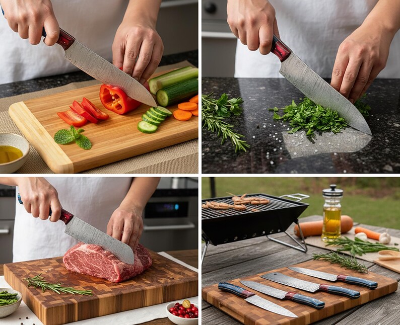 May include: A set of kitchen knives with red and black handles, displayed on a wooden cutting board. The knives are shown in use, cutting vegetables and meat. The image also shows a grill and various ingredients.