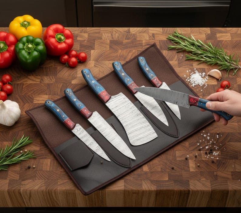 May include: A set of six kitchen knives with patterned blades and blue and red handles, displayed on a brown leather knife roll. Fresh vegetables, herbs, and spices are arranged around the knives on a wooden cutting board.