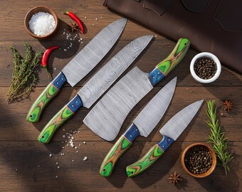 May include: A set of five Damascus steel kitchen knives with green, blue, and brown wooden handles. The blades have a unique patterned design. The knives are arranged on a wooden surface with spices and seasonings.