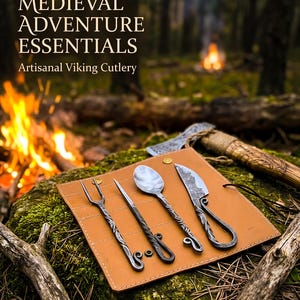 May include: Artisanal Viking cutlery set, comprising a fork, knife, spoon, and skewer, displayed on a brown leather mat. The text "MEDIEVAL ADVENTURE ESSENTIALS" and "Artisanal Viking Cutlery" are visible. A campfire is in the background.
