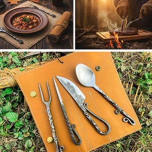 May include: A set of forged metal cutlery, including a fork, knife, and spoon, displayed on a brown leather roll. The utensils have twisted handles and are designed for outdoor use. A plate of food and a steak being grilled are also shown.