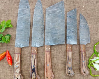 Juego de cuchillos de chef de acero de Damasco forjados a mano - Cuchillos culinarios profesionales con funda de cuero