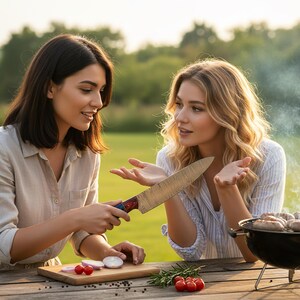 May include: Two people are shown outdoors, one holding a large knife with a patterned handle. A wooden cutting board with sliced onions and tomatoes is in front of them. A small grill with sausages is in the background.
