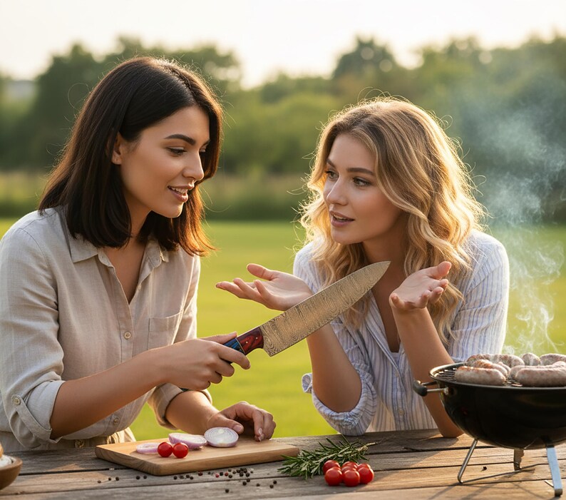 May include: Two people are shown outdoors, one holding a large knife with a patterned handle. A wooden cutting board with sliced onions and tomatoes is in front of them. A small grill with sausages is in the background.