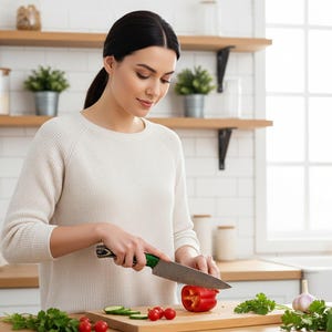 May include: A woman in a white sweater is cutting a red bell pepper on a wooden cutting board in a kitchen. Sliced cucumbers and cherry tomatoes are also on the board. A green-handled knife is used for chopping the vegetables.