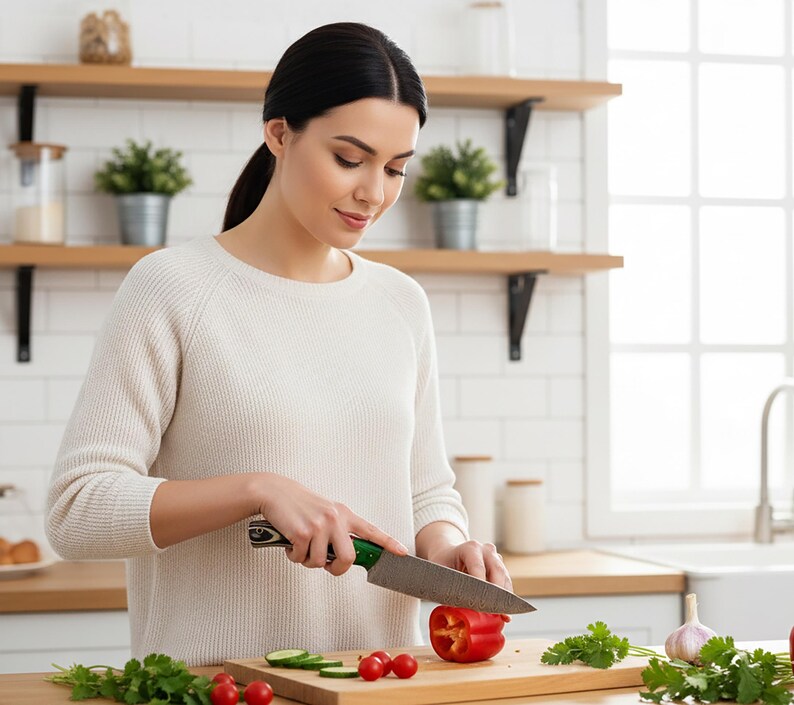 May include: A woman in a white sweater is cutting a red bell pepper on a wooden cutting board in a kitchen. Sliced cucumbers and cherry tomatoes are also on the board. A green-handled knife is used for chopping the vegetables.
