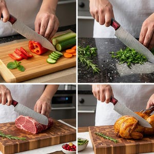 May include: A chef's knife with a patterned blade and a red and black handle is used to cut vegetables, herbs, meat, and a roasted chicken on wooden cutting boards. The knife is shown in use with various ingredients.