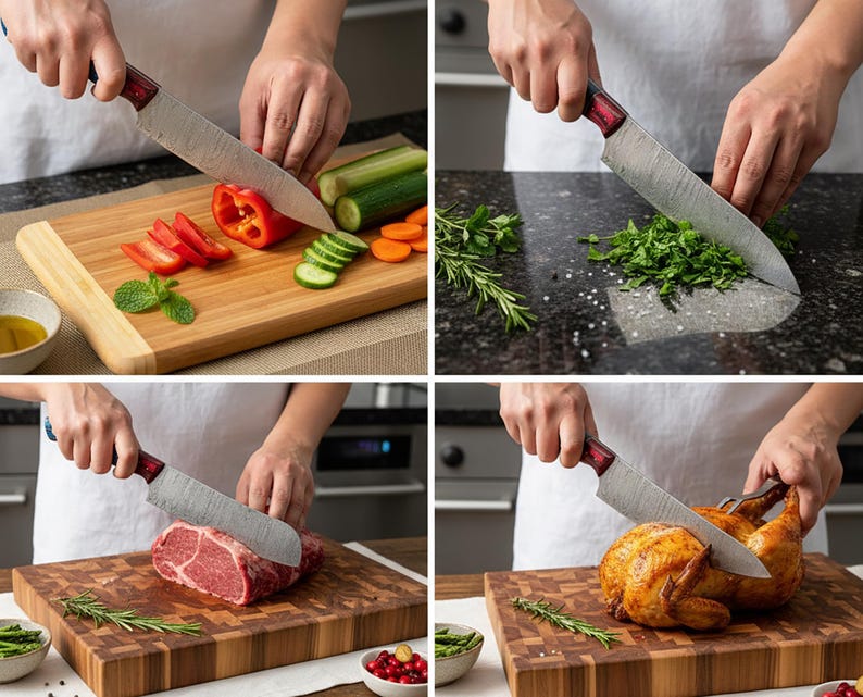 May include: A chef's knife with a patterned blade and a red and black handle is used to cut vegetables, herbs, meat, and a roasted chicken on wooden cutting boards. The knife is shown in use with various ingredients.