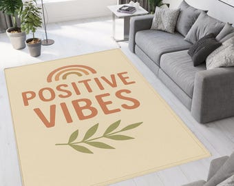 Positive Vibes Rug, Motivational Rug, Inspirational Quote Carpet, Uplifting Message Rug, Happy Vibes Rug,Beige Orange Rug,Bright Color Rug