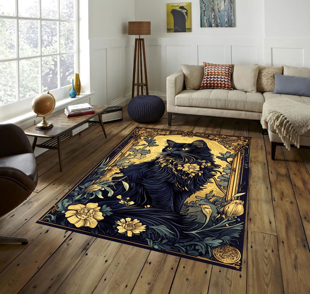 Black Cat Rug, Mystical Cat Carpet, Yellow Floral Rug, Gothic Home ...
