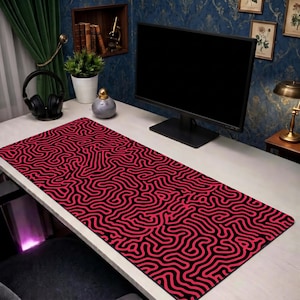 Tapete de mesa Red Tech | Mousepad XL com padrão Turing | Tapete de mesa geométrico preto e vermelho | Tapete moderno para laptop de escritório