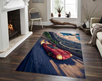 Racing Car Rug, Red Sports Car Rug, Retro Car Rug, Vintage Racing Art Rug, Speed Car Area Rug, Automotive Decor Rug, Man Cave Rug,Trendy Rug