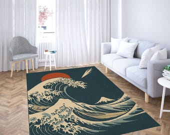 Great Wave Rug, Japanese Art Carpet, Hokusai Inspired Rug, Ocean Wave Home Decor, Mount Fuji Rug, Traditional Japanese Style Mat, Gift