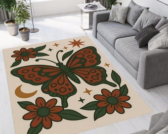 Fjärilsmatta, bohemisk blommig matta, naturinspirerad matta, nyckfull dekorationsmatta, matta med röd blommig effekt, himmelsk månematta, bohemisk heminredning
